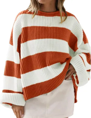 Women's Fall Long Sleeve Crew Neck Striped Color Block Comfy Loose Oversized Knitted Pullover Sweater 2025