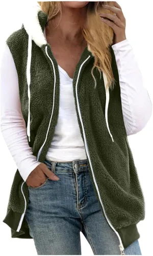 Womens Fall Winter Sleeveless Coat Zip Up Hoodie Jacket Warm Sherpa Jackets Vest Coats with Pockets