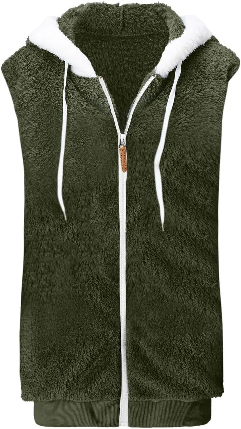 Womens Fall Winter Sleeveless Coat Zip Up Hoodie Jacket Warm Sherpa Jackets Vest Coats with Pockets