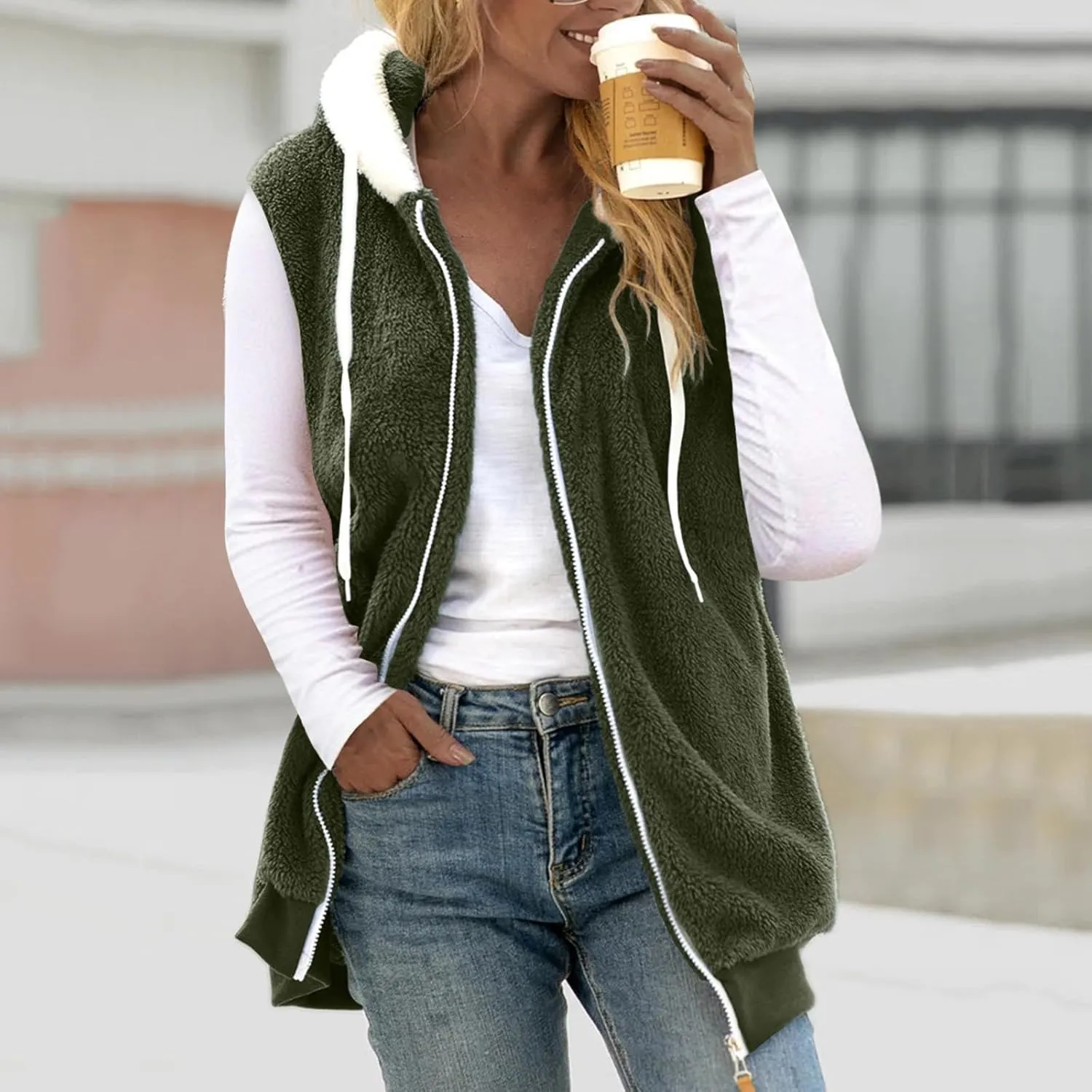 Womens Fall Winter Sleeveless Coat Zip Up Hoodie Jacket Warm Sherpa Jackets Vest Coats with Pockets