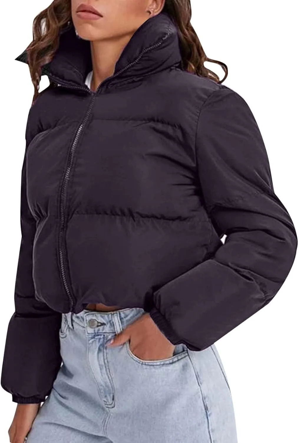 Womens Fashion Cropped Puffer Jacket Casual Solid Versatile Down Coat Slim Comfy Quilted Outwear 2024 Winter Warm Coats