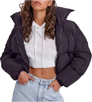 Womens Fashion Cropped Puffer Jacket Casual Solid Versatile Down Coat Slim Comfy Quilted Outwear 2024 Winter Warm Coats
