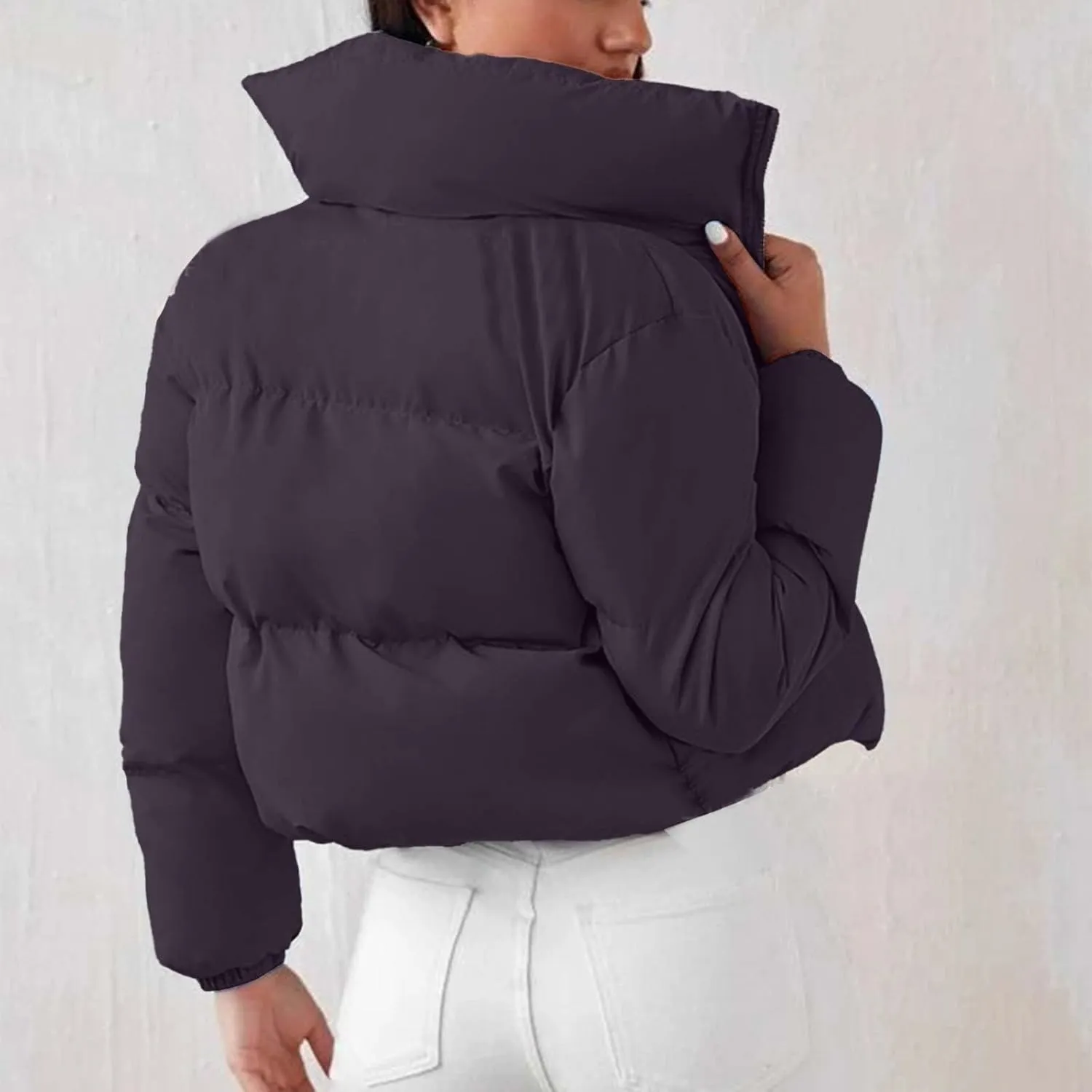 Womens Fashion Cropped Puffer Jacket Casual Solid Versatile Down Coat Slim Comfy Quilted Outwear 2024 Winter Warm Coats