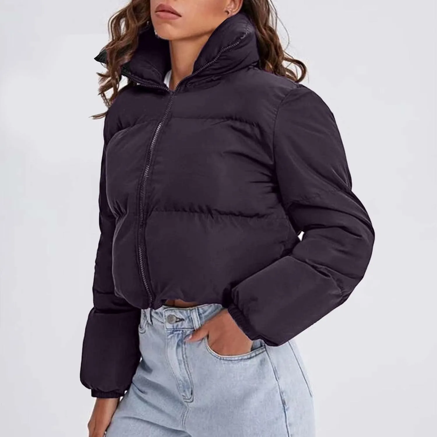 Womens Fashion Cropped Puffer Jacket Casual Solid Versatile Down Coat Slim Comfy Quilted Outwear 2024 Winter Warm Coats