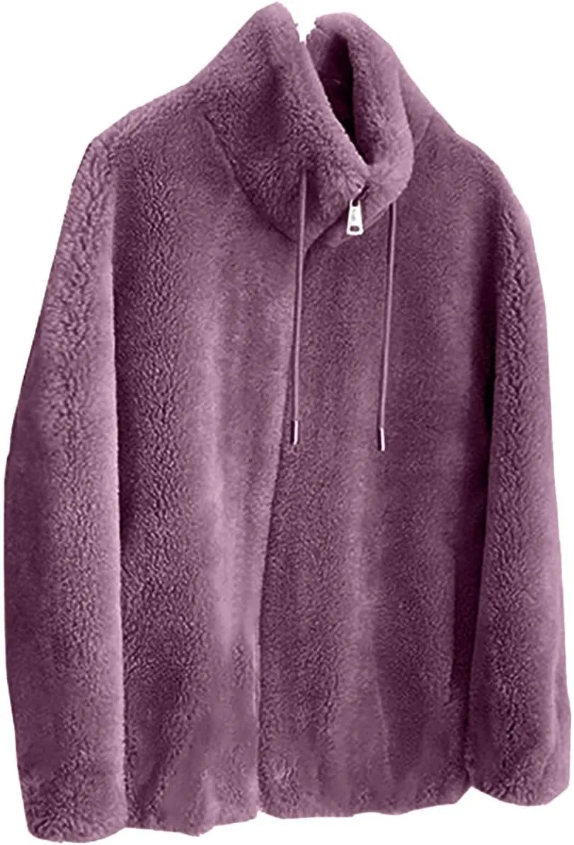 Women's Fashion Plush Coats Winter Warm Cardigan Coat Standing Collar Zip Up Fleece Tops Sweater Jacket