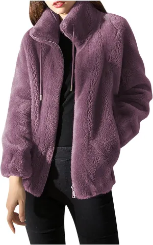 Women's Fashion Plush Coats Winter Warm Cardigan Coat Standing Collar Zip Up Fleece Tops Sweater Jacket