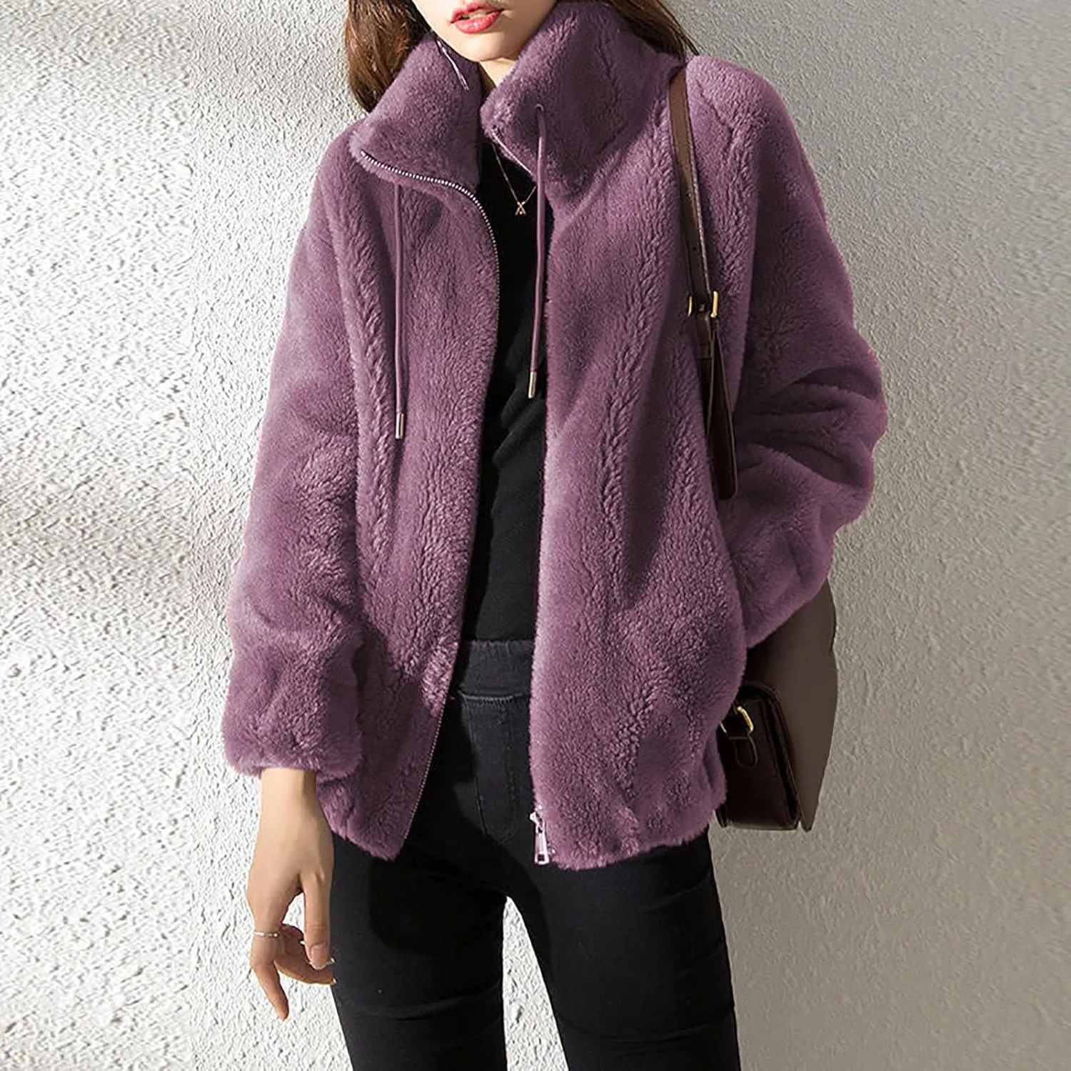 Women's Fashion Plush Coats Winter Warm Cardigan Coat Standing Collar Zip Up Fleece Tops Sweater Jacket