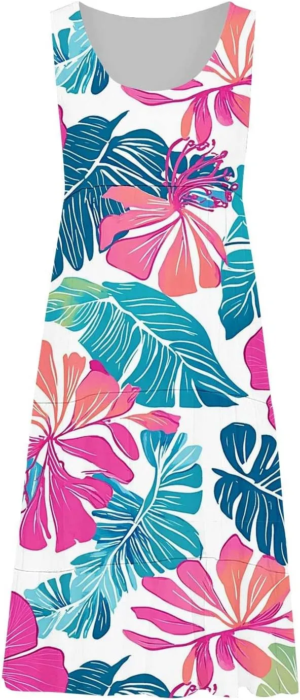 Women's Fashion Sleeveless Beach Dress Summer Casual Round Neck Cake Sundress Trendy Print Vacation Dresses