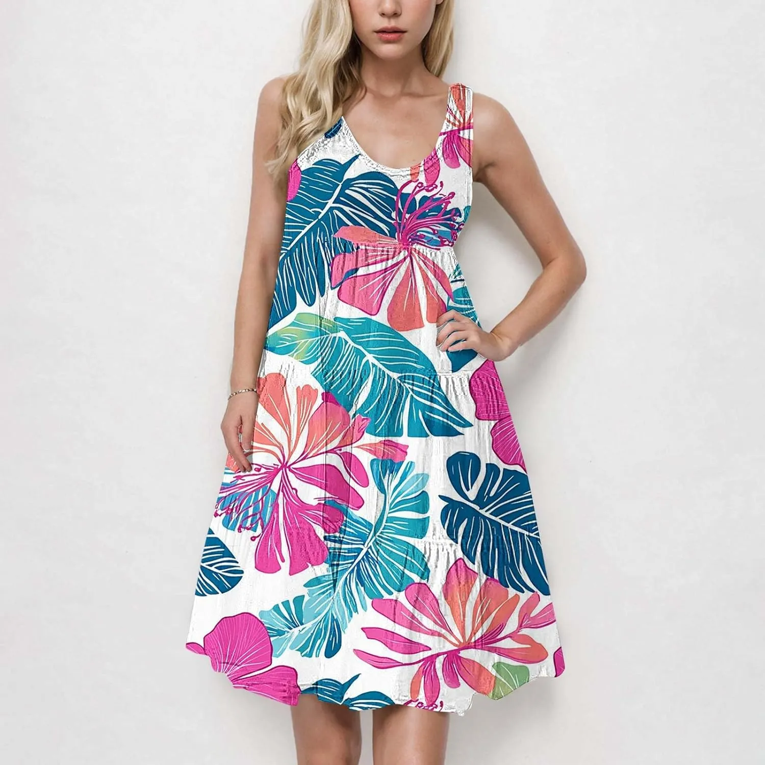 Women's Fashion Sleeveless Beach Dress Summer Casual Round Neck Cake Sundress Trendy Print Vacation Dresses
