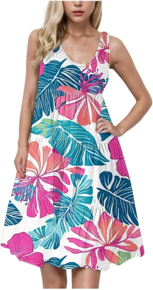 Women's Fashion Sleeveless Beach Dress Summer Casual Round Neck Cake Sundress Trendy Print Vacation Dresses