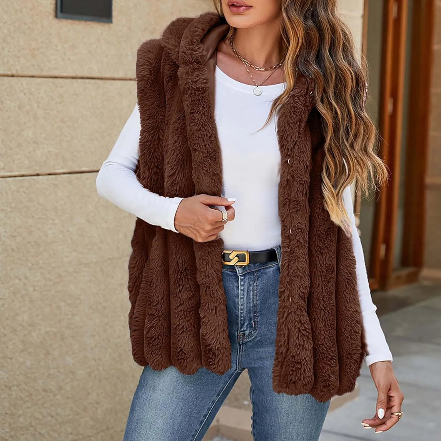 Women's Faux Fur Hooded Vest, Winter Sleeveless Fuzzy Warm Fashion Jackets Open Front Casual Soft Shaggy Waistcoat