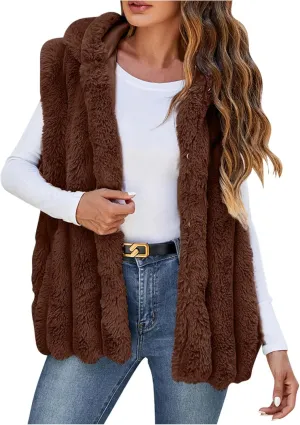Women's Faux Fur Hooded Vest, Winter Sleeveless Fuzzy Warm Fashion Jackets Open Front Casual Soft Shaggy Waistcoat