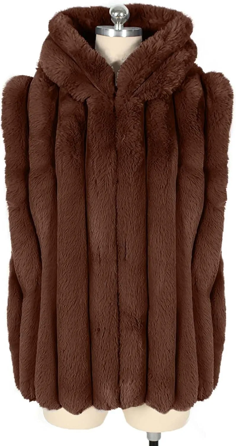 Women's Faux Fur Hooded Vest, Winter Sleeveless Fuzzy Warm Fashion Jackets Open Front Casual Soft Shaggy Waistcoat