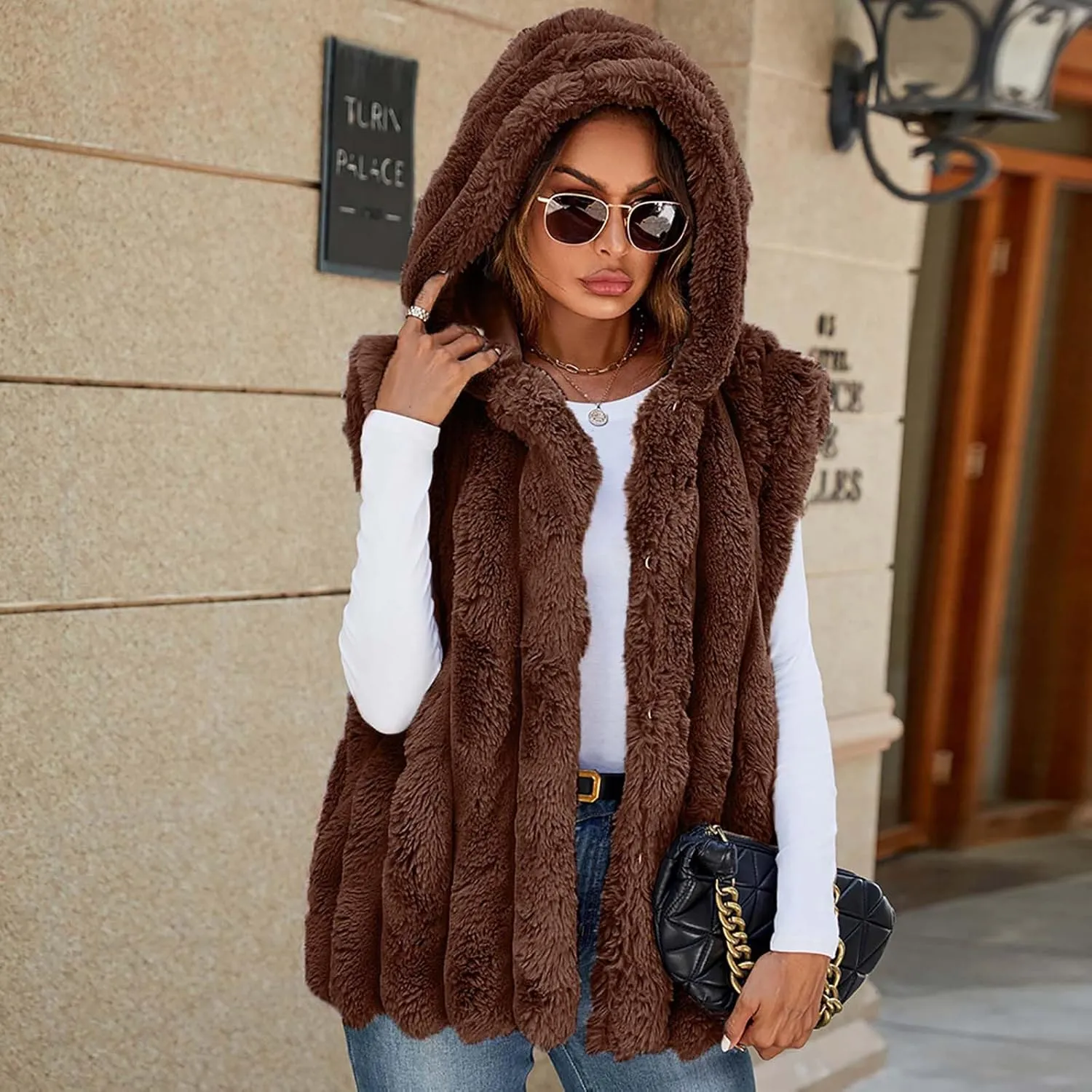Women's Faux Fur Hooded Vest, Winter Sleeveless Fuzzy Warm Fashion Jackets Open Front Casual Soft Shaggy Waistcoat
