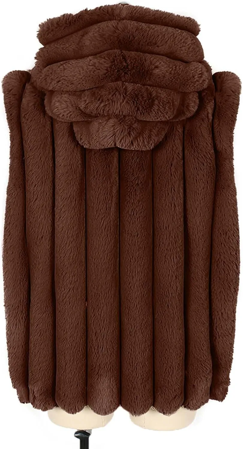Women's Faux Fur Hooded Vest, Winter Sleeveless Fuzzy Warm Fashion Jackets Open Front Casual Soft Shaggy Waistcoat
