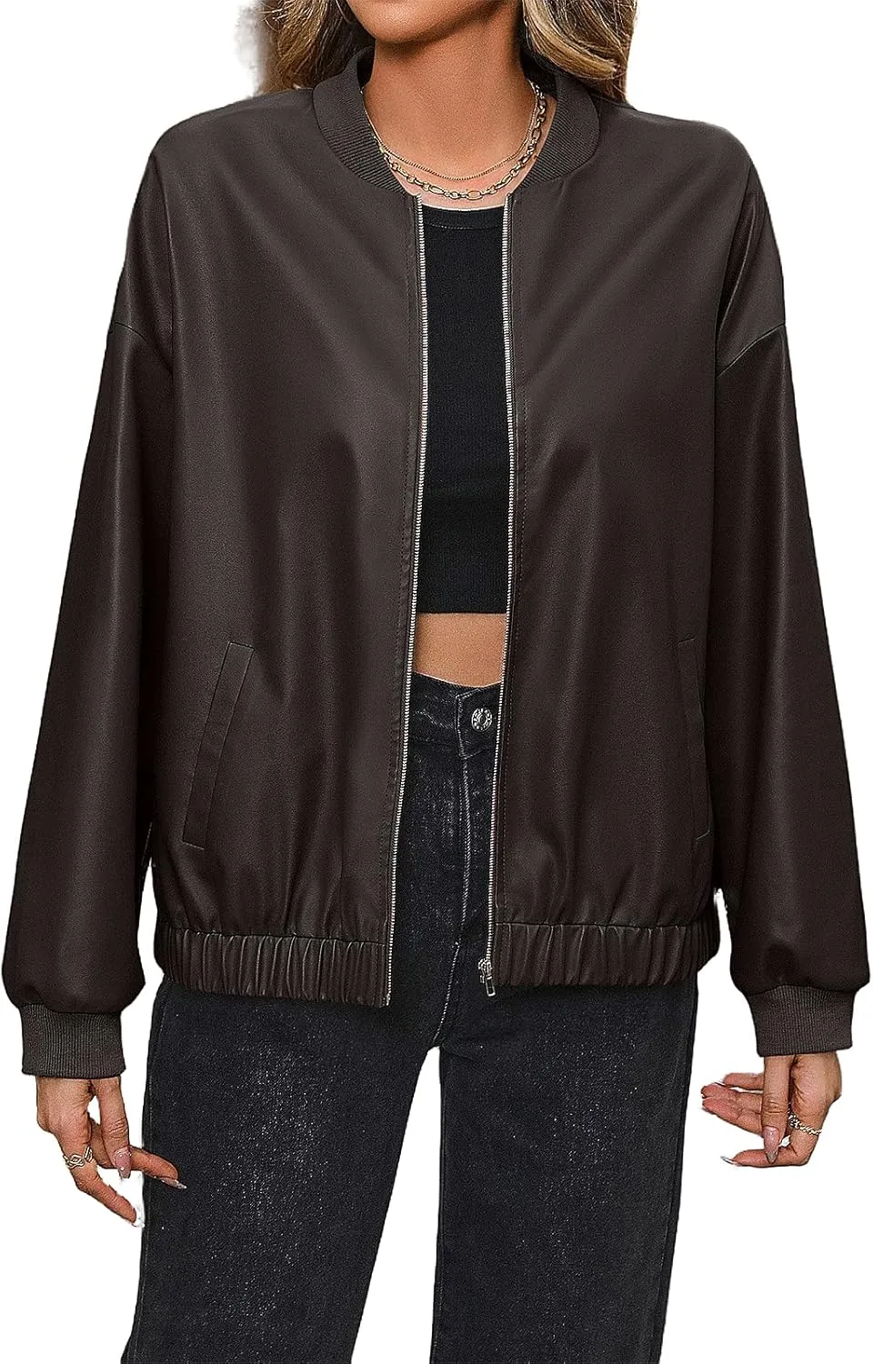 Women's Faux Leather Bomber Shacket Jackets Vintage Biker Racing Moto Varsity PU Leather Jackets