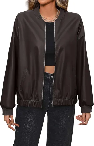 Women's Faux Leather Bomber Shacket Jackets Vintage Biker Racing Moto Varsity PU Leather Jackets