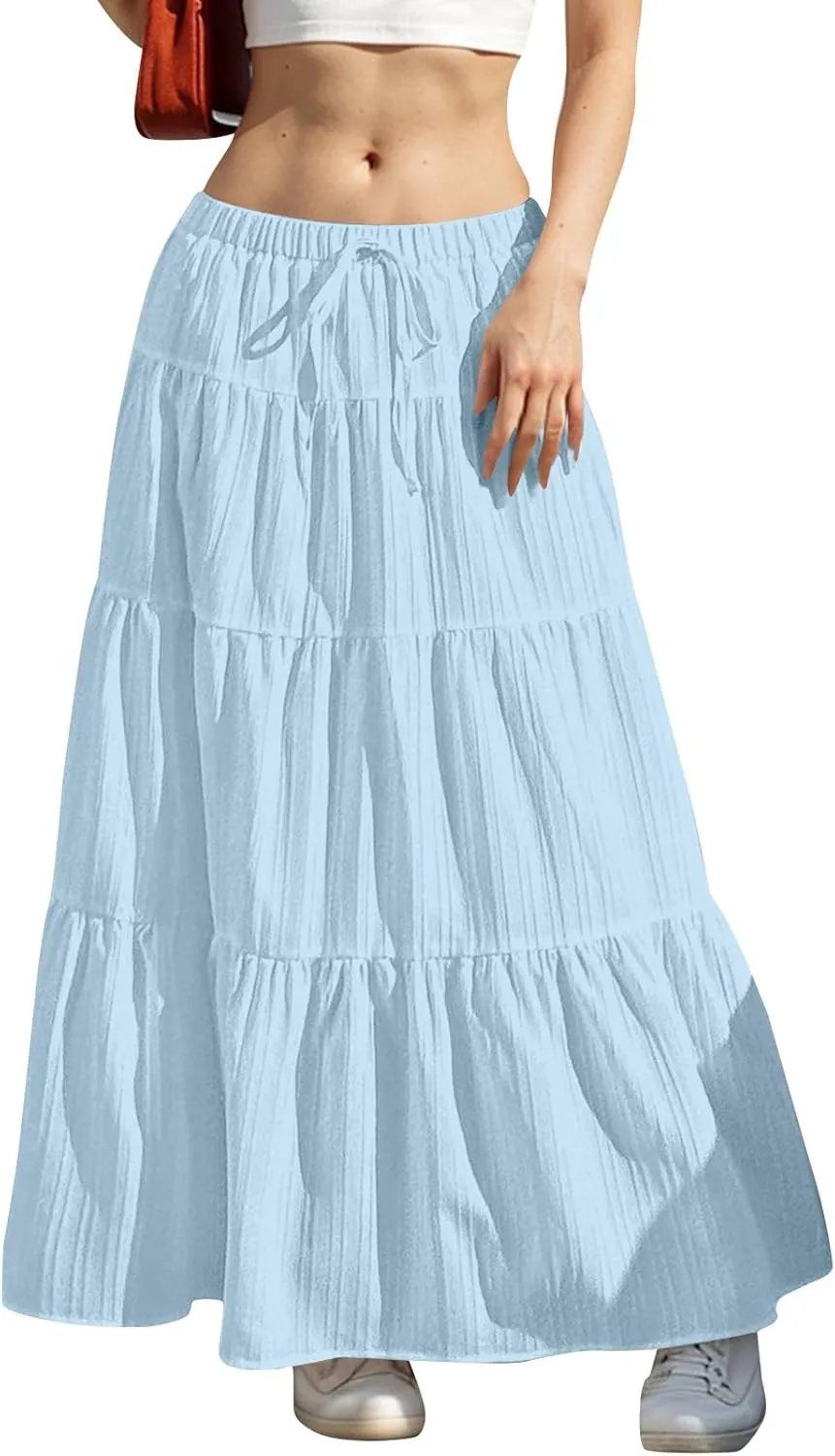 Women's Flowy Flared Ruffle Boho Long Skirt Summer Maxi Skirt Tiered Long Vacation A-Line Pleated Drawstring Swing Skirts