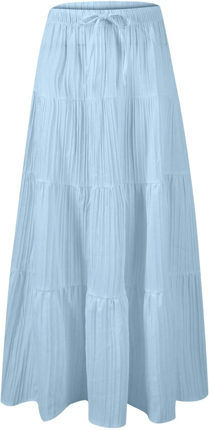Women's Flowy Flared Ruffle Boho Long Skirt Summer Maxi Skirt Tiered Long Vacation A-Line Pleated Drawstring Swing Skirts