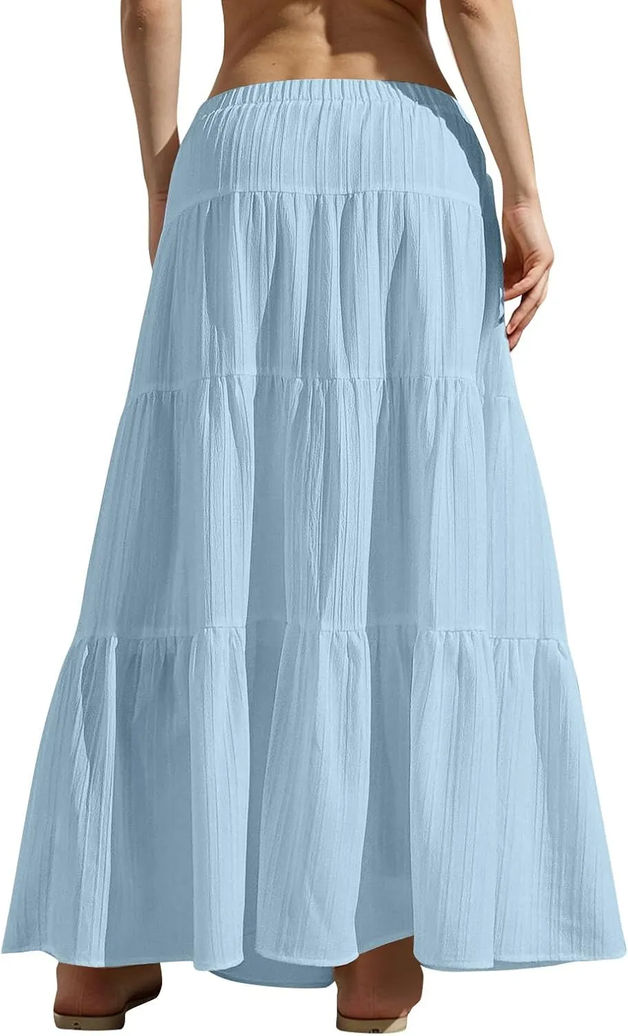 Women's Flowy Flared Ruffle Boho Long Skirt Summer Maxi Skirt Tiered Long Vacation A-Line Pleated Drawstring Swing Skirts