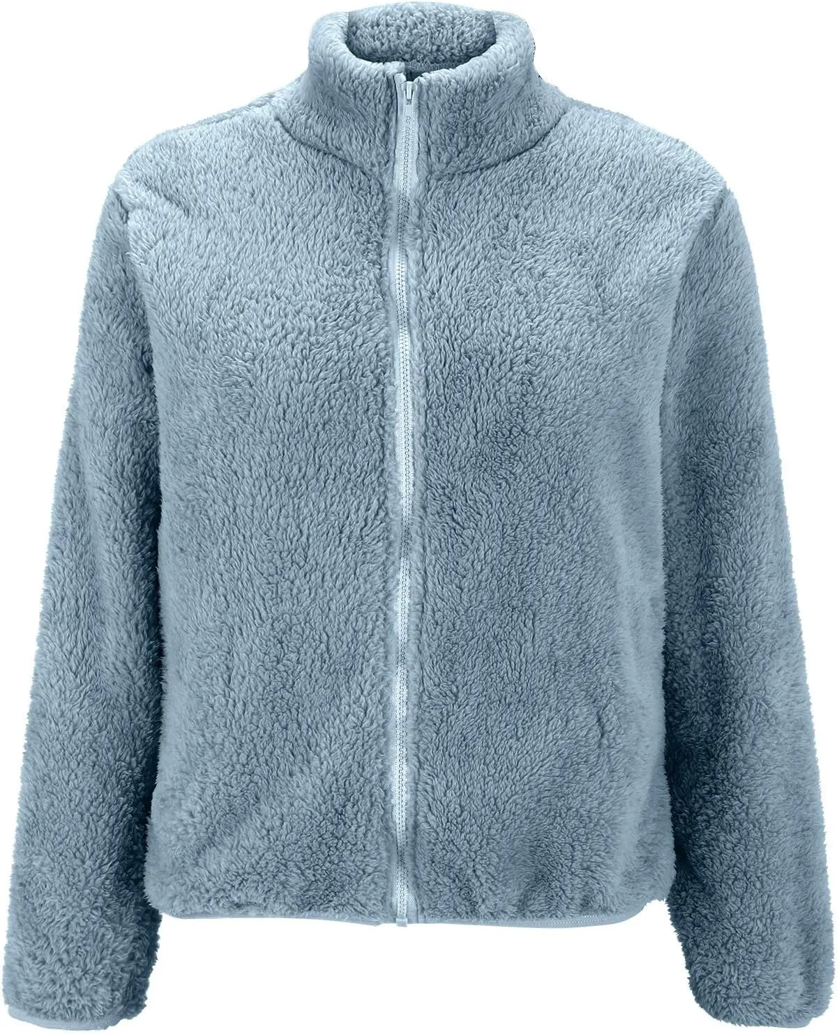 Womens Full Zip Sherpa Fleece Jacket Solid Color Fuzzy Teddy Coat Lightweight Warm Winter Casual Outfits with Pockets