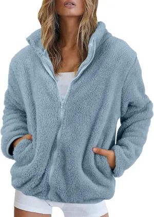Womens Full Zip Sherpa Fleece Jacket Solid Color Fuzzy Teddy Coat Lightweight Warm Winter Casual Outfits with Pockets