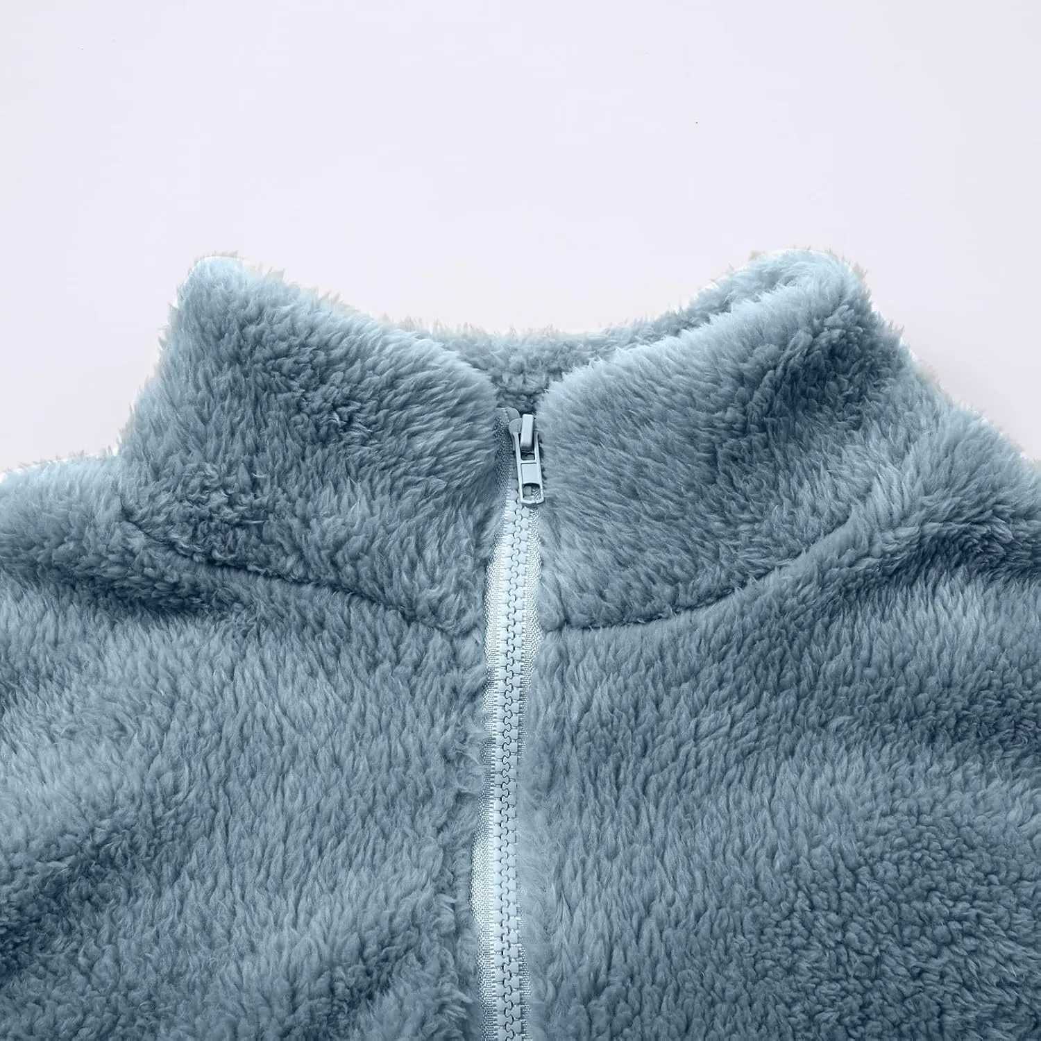 Womens Full Zip Sherpa Fleece Jacket Solid Color Fuzzy Teddy Coat Lightweight Warm Winter Casual Outfits with Pockets