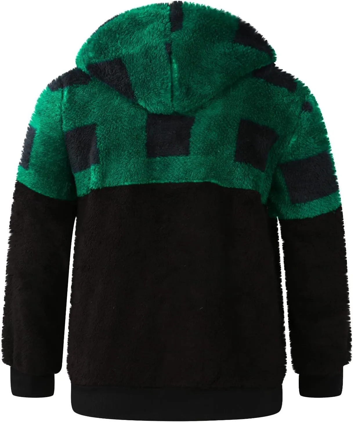 Womens Fuzzy Hooded Jacket Warm Winter Coats Plaid Color Block Zip Up Hoodie Plush Jackets Casual Outerwear