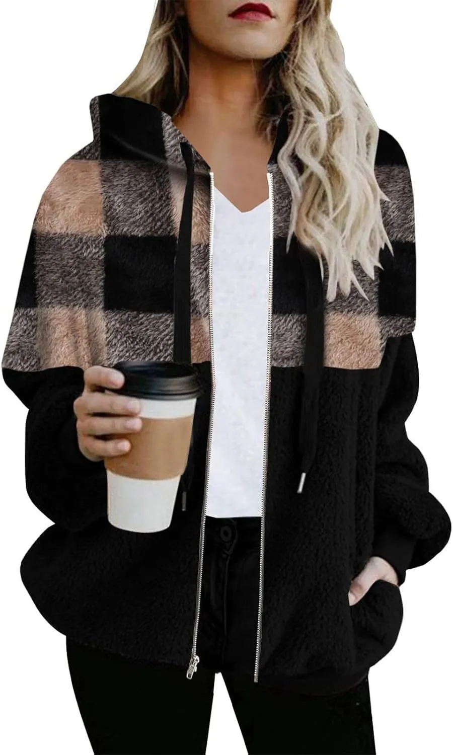 Womens Fuzzy Hooded Jacket Warm Winter Coats Plaid Color Block Zip Up Hoodie Plush Jackets Casual Outerwear