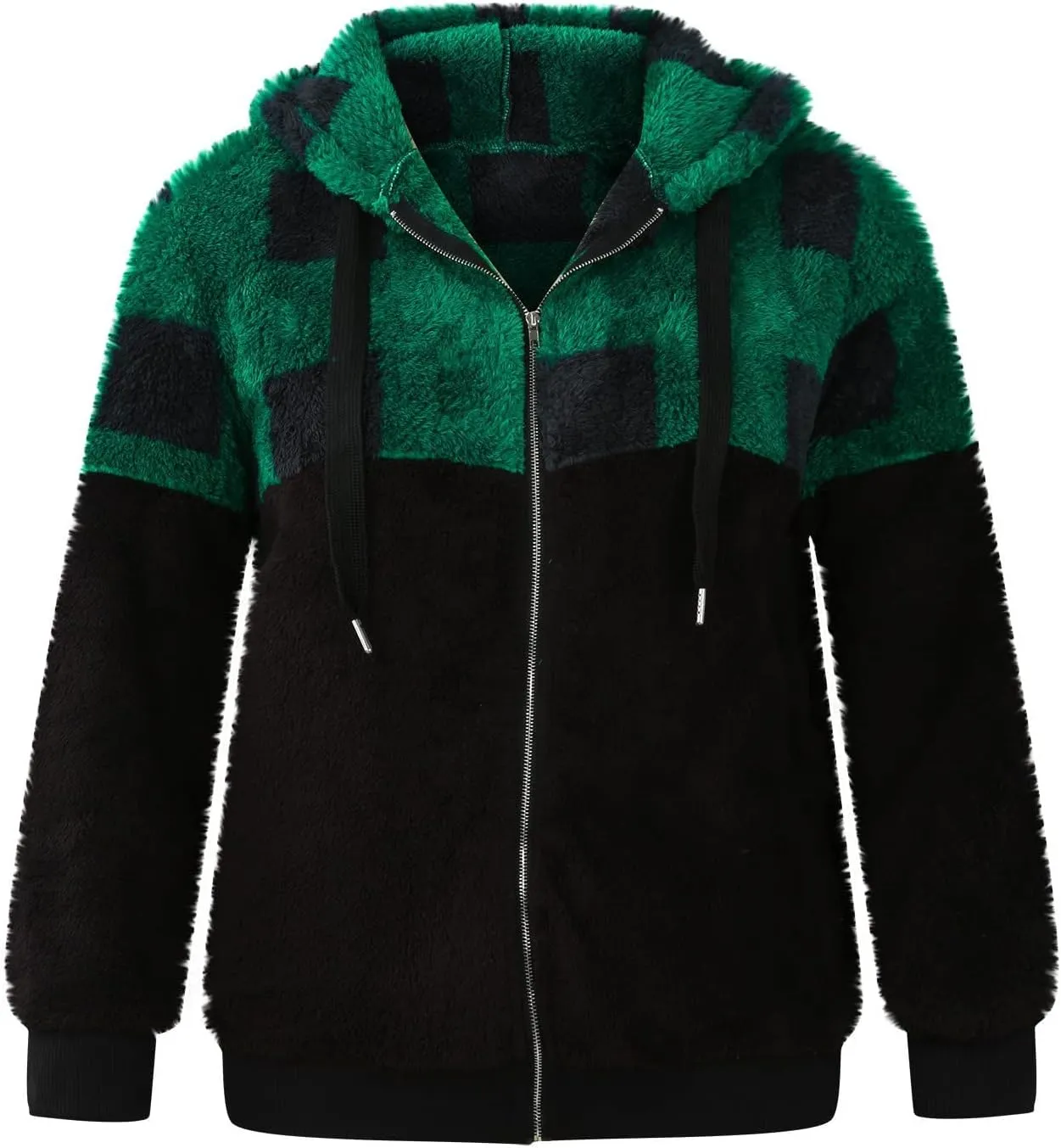 Womens Fuzzy Hooded Jacket Warm Winter Coats Plaid Color Block Zip Up Hoodie Plush Jackets Casual Outerwear