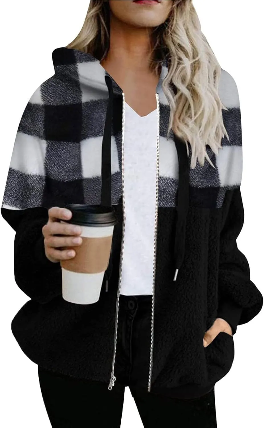 Womens Fuzzy Hooded Jacket Warm Winter Coats Plaid Color Block Zip Up Hoodie Plush Jackets Casual Outerwear