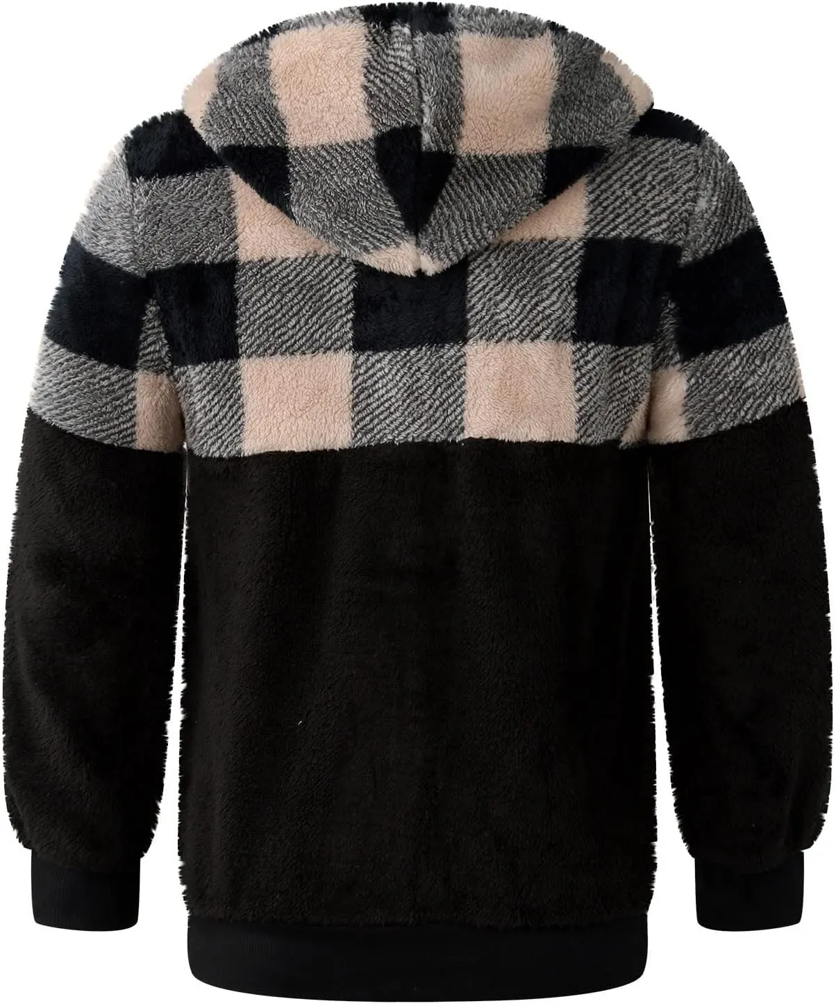 Womens Fuzzy Hooded Jacket Warm Winter Coats Plaid Color Block Zip Up Hoodie Plush Jackets Casual Outerwear
