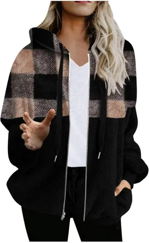 Womens Fuzzy Hooded Jacket Warm Winter Coats Plaid Color Block Zip Up Hoodie Plush Jackets Casual Outerwear