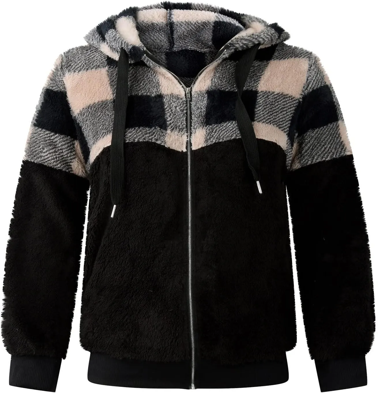 Womens Fuzzy Hooded Jacket Warm Winter Coats Plaid Color Block Zip Up Hoodie Plush Jackets Casual Outerwear