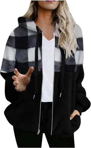 Womens Fuzzy Hooded Jacket Warm Winter Coats Plaid Color Block Zip Up Hoodie Plush Jackets Casual Outerwear