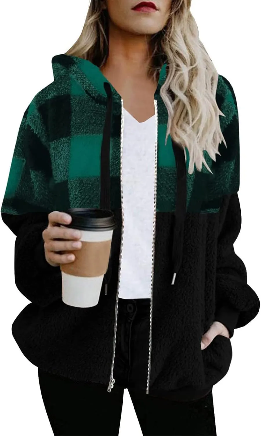 Womens Fuzzy Hooded Jacket Warm Winter Coats Plaid Color Block Zip Up Hoodie Plush Jackets Casual Outerwear