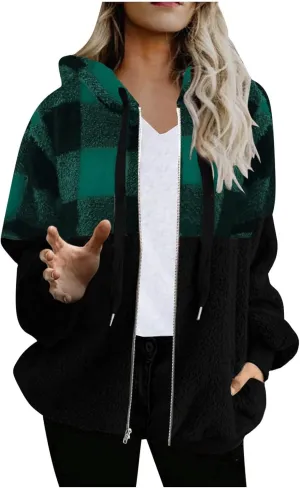 Womens Fuzzy Hooded Jacket Warm Winter Coats Plaid Color Block Zip Up Hoodie Plush Jackets Casual Outerwear