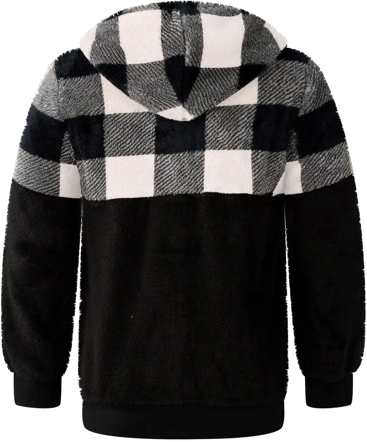 Womens Fuzzy Hooded Jacket Warm Winter Coats Plaid Color Block Zip Up Hoodie Plush Jackets Casual Outerwear