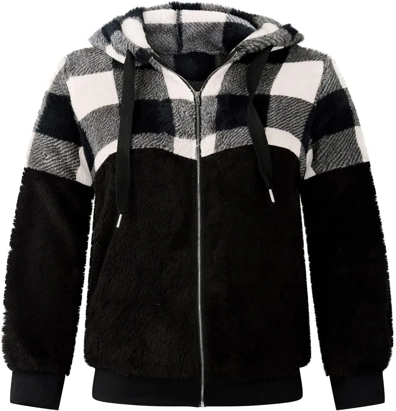 Womens Fuzzy Hooded Jacket Warm Winter Coats Plaid Color Block Zip Up Hoodie Plush Jackets Casual Outerwear