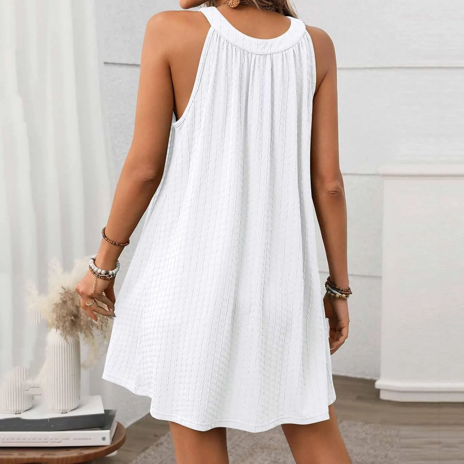 Womens Halter Mini Dress 2025 Trendy Solid Casual Round Neck Sleeveless Sundress Beach Vacation Dresses
