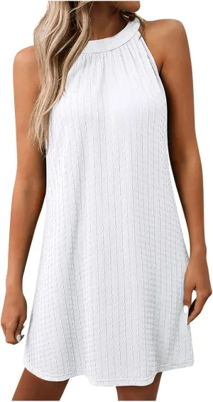 Womens Halter Mini Dress 2025 Trendy Solid Casual Round Neck Sleeveless Sundress Beach Vacation Dresses