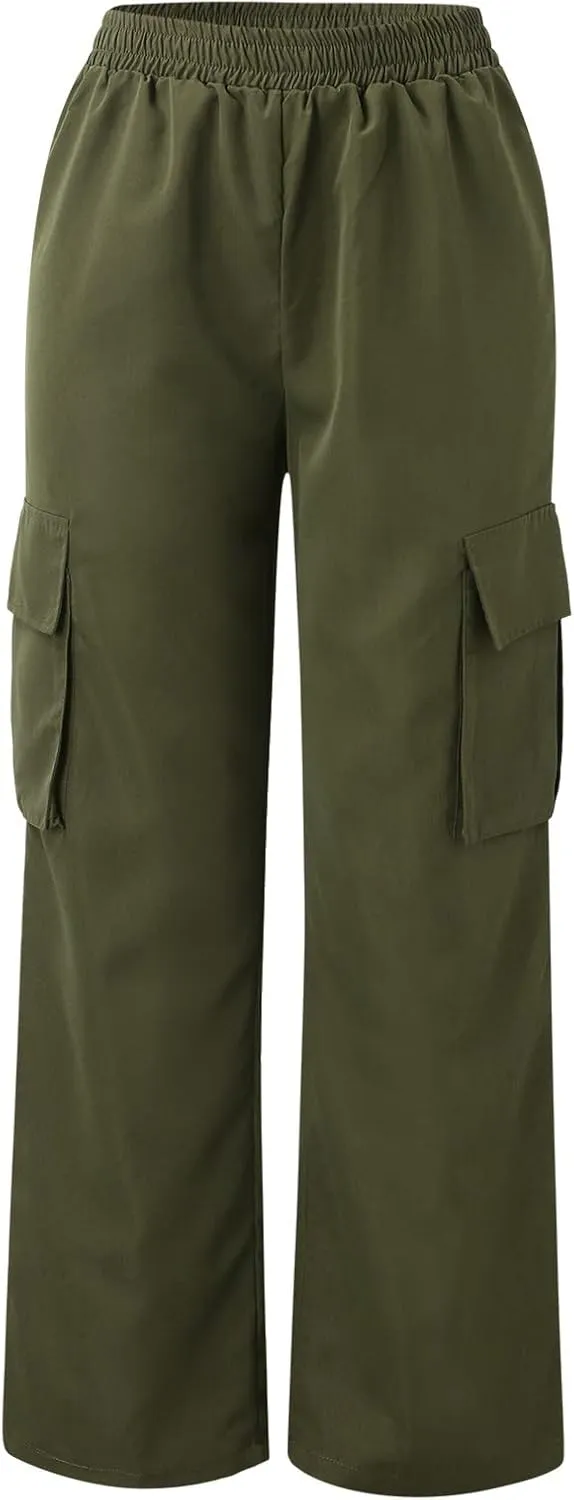 Women's High Waisted Cargo Pants Wide Leg Casual Pants Multi Pockets Straight Trousers Combat Military Trousers