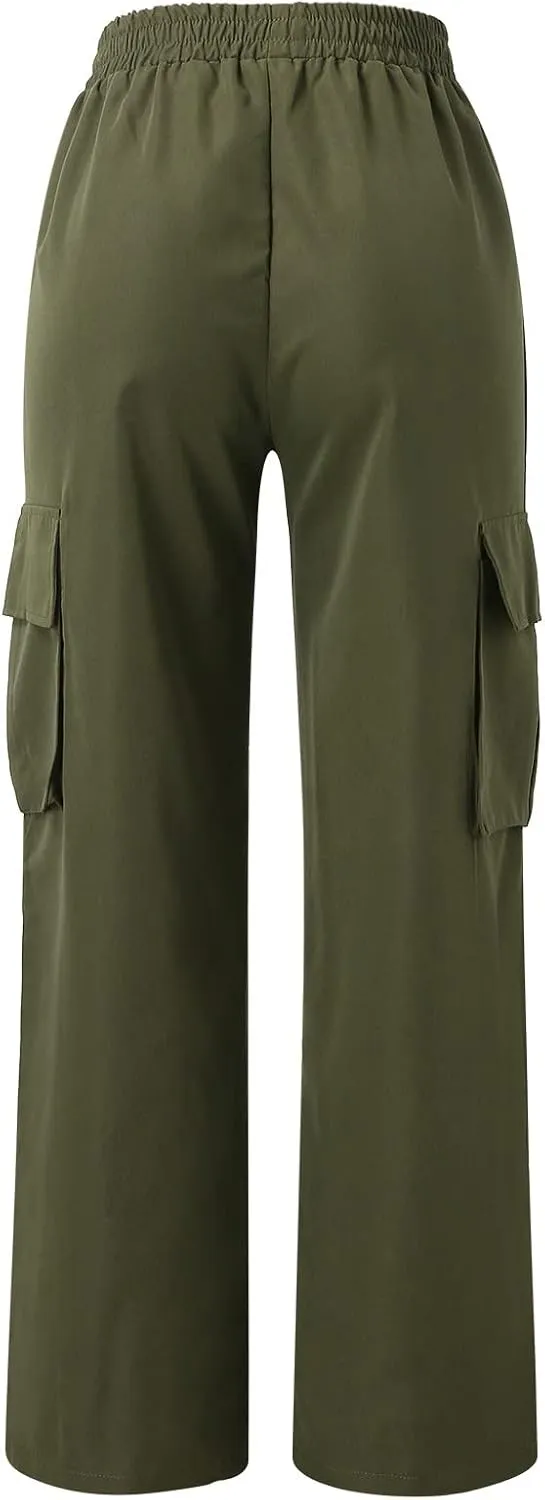 Women's High Waisted Cargo Pants Wide Leg Casual Pants Multi Pockets Straight Trousers Combat Military Trousers