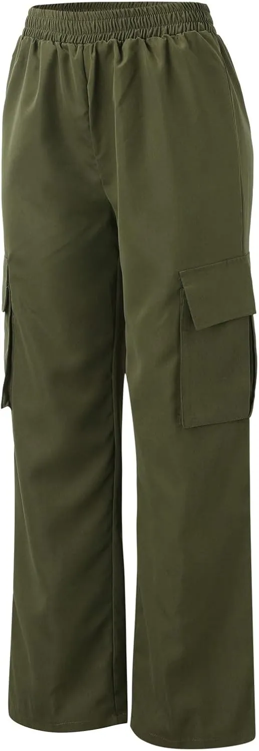 Women's High Waisted Cargo Pants Wide Leg Casual Pants Multi Pockets Straight Trousers Combat Military Trousers