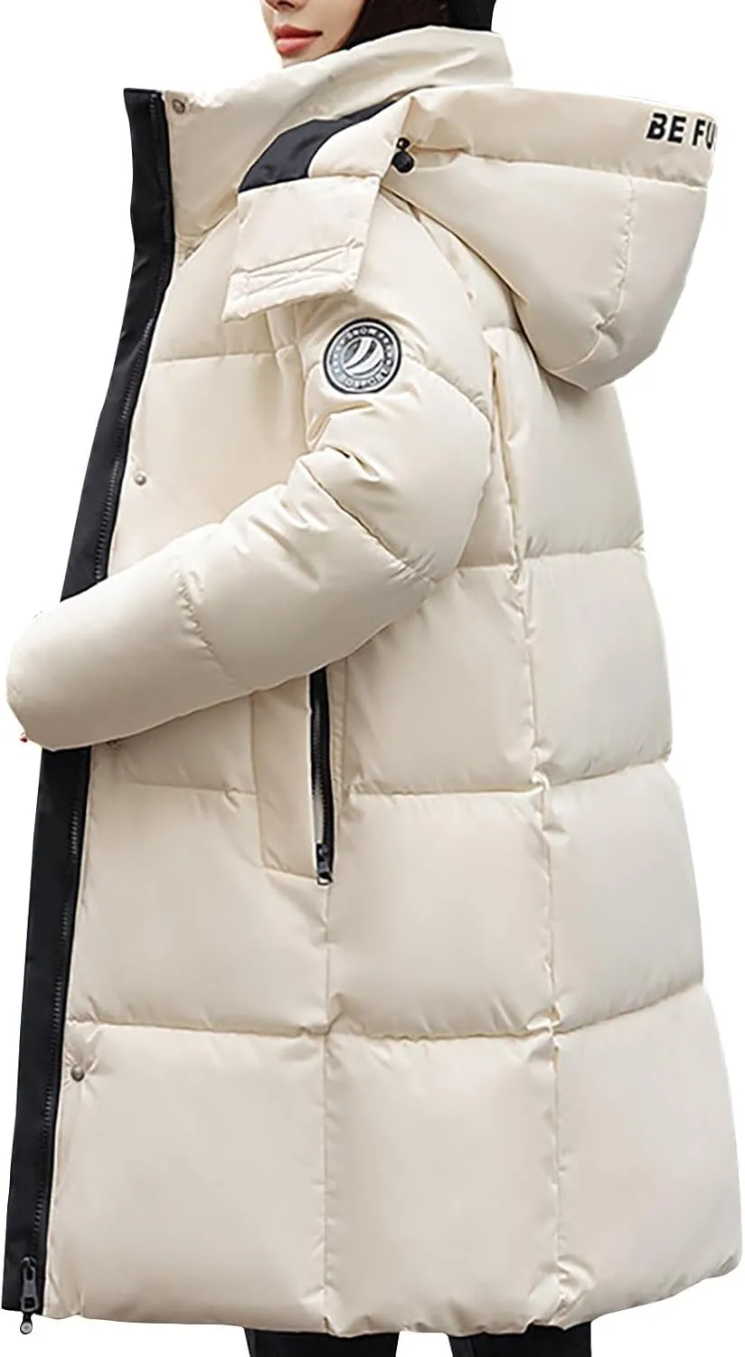 Women's Hooded Long Puffer Coat Winter Longer Thickened Down Jacket Zip Cotton Outwear Adult Medium Winter (B-White, XL)