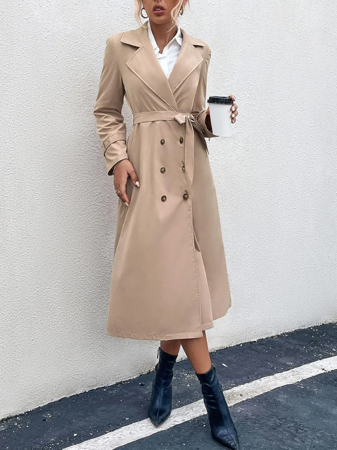 Women's Jackets Double Breasted Belted Trench Coat Jackets Coat (Color : Khaki, Size : X-Small)