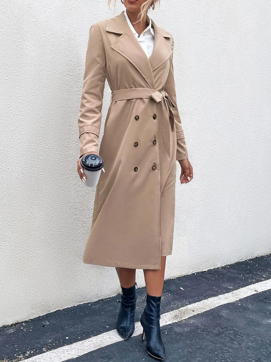 Women's Jackets Double Breasted Belted Trench Coat Jackets Coat (Color : Khaki, Size : X-Small)