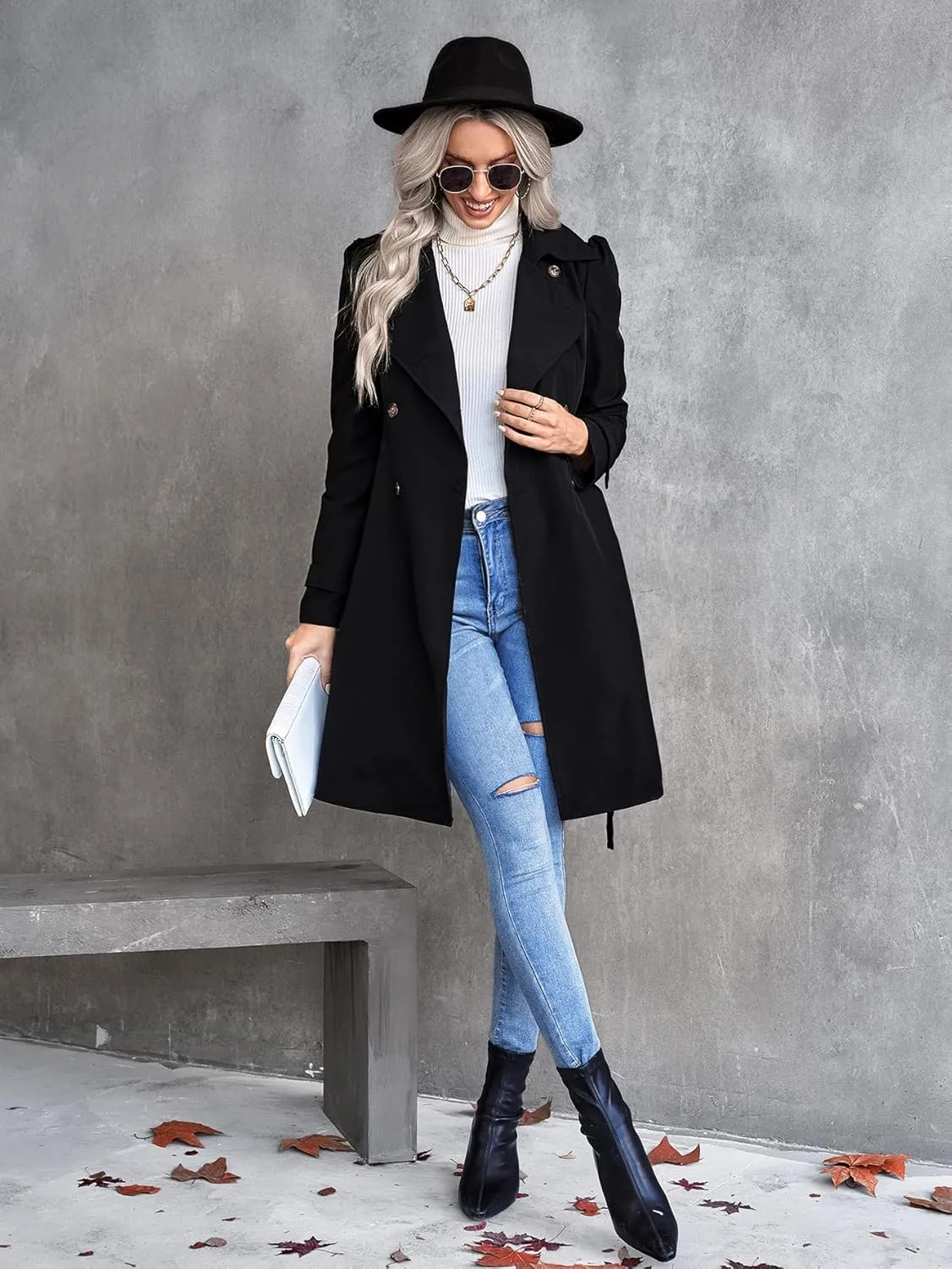 Women's Jackets Double Breasted Belted Trench Coat Women Jackets (Color : Black, Size : X-Large)