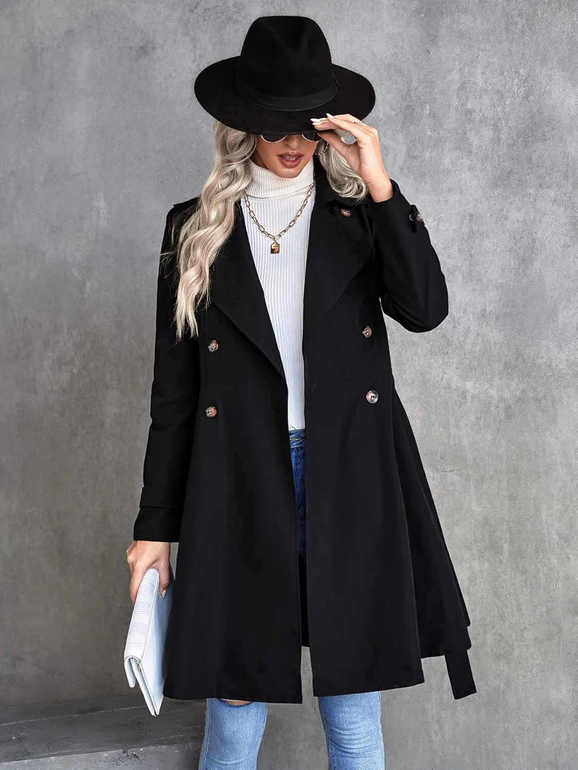 Women's Jackets Double Breasted Belted Trench Coat Women Jackets (Color : Black, Size : X-Large)