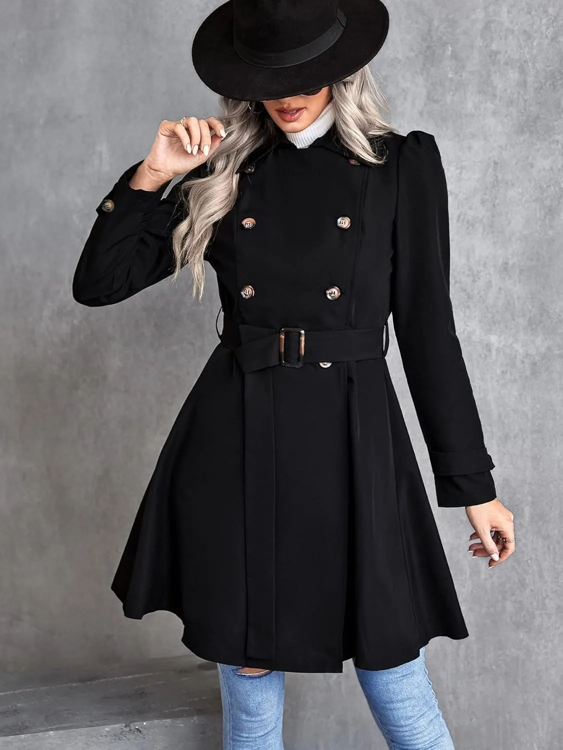 Women's Jackets Double Breasted Belted Trench Coat Women Jackets (Color : Black, Size : X-Large)